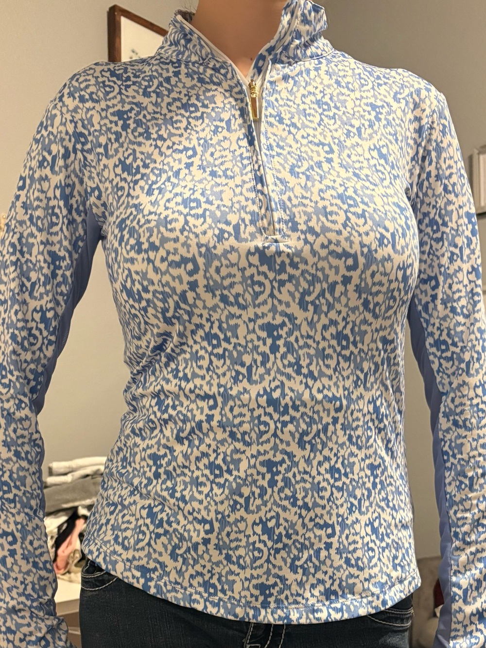 Women's Long Sleeve Half-Zip Tee in Light Blue and White